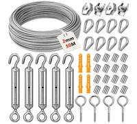 Acsatont cables de acero inoxidable para colgar, 50M Cable Acero 2mm, cable de acero recubierto de PVC con Tensor Cuerda M5, Tensores de Alambre Para Colgar Luces De Cadena, Toldos, Tendedero