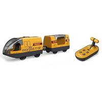 Acsatont Tren eléctrico de juguete,Compatible con Thomas,Brio,Tren eléctrico de madera (conexión magnética),Tren motorizado con mando a distancia con 4 efectos de sonido y luz (amarillo) (Amarillo)