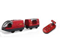 Acsatont Tren eléctrico de juguete,Compatible con Thomas,Brio,Tren eléctrico de madera (conexión magnética),Tren motorizado con mando a distancia con 4 efectos de sonido y luz (amarillo) (Rojo)