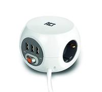 ACT Enchufe con USB y Cable de 3 m, Powercube 3 Conectores USB-A (2,4 A/12 W) con Interruptor, 3 enchufes, Incluye Almohadilla Adhesiva para Cocina, Oficina, salón, Longitud del Cable 3 m, Color