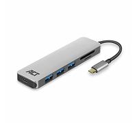 ACT Hub USB C 3.1 Gen1 (USB 3.0) y Lector de Tarjetas, Puertos: 3 x USB A, 1 x PD Tipo C, Longitud de Cable: 0,15 m.