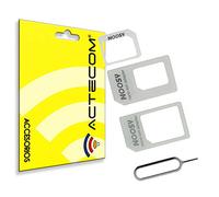 ACTECOM ADAPTADOR 4 EN 1 NANO SIM A SIM, NANO SIM A MICRO SIM, MICRO SIM A SIM + HERRAMIENTA LLAVE EXTRACCION SIM/MICRO SIM PARA IPHONE Y IPAD UNIVERSAL COLOR NEGRO PARA APPLE IPHONE 5, IPAD MINI, SMARTPHONES, TABLETS, SAMSUNG, LG, SONY, HTC