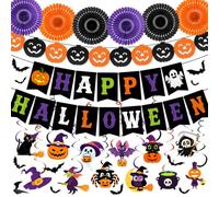 Actilize Juego de 32 decoraciones de fiesta de Halloween con pancarta de feliz Halloween, pancarta de calabaza, abanicos de papel, remolinos colgantes y calcomanías de pared de murciélago para el