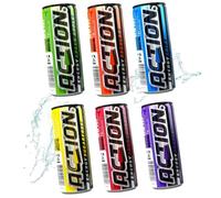 Action Energy Drink - Bebida energética (6 unidades de 48 x 250 ml) con depósito - 6 variedades de 8 latas cada una - regular, cereza, sin azúcar, manzana verde, púrpura, cola - patata energética con