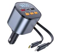 [Actualizado 2025] Cargador de coche retráctil PD de 81 W con Bluetooth 5.3, transmisor FM, llamadas manos libres, reproductor MP3, USB y visualización LED, adaptador Bluetooth USB-C para todos los