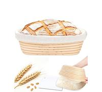 Acual Banneton para Pan, Banetones para Pan Ovalada 25cm, Set de Panadería: Banneton de Ratán y Funda de Lino y Rasqueta, Cesta para Masa Madre y Panes Caseros