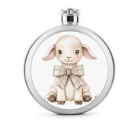 Acuarela A Little Lamb - Petaca de acero inoxidable con lazo beige para licor, botella de vino portátil de bolsillo redondo para bebida, 5 onzas