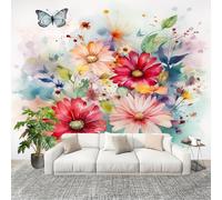 Acuarela Arte Flores Mariposas Fotomurales 350x256 cm Papel Pintado Tejido No Tejido Fotomural Vistoso Efecto 3D Papel Tapiz Decorativos para Dormitorio Salón TV Pared Murales Póster