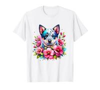 Acuarela Azul Heeler Mamá Rosa Flor Australiana Ganado Perro Camiseta