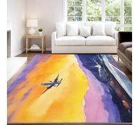 Acuarela Creativo Alfombra 60 x 120 cm Amarillo Morado Montañas Avión Atardecer Pelo Corto Súper Suave Alfombra Lavable para Estudio Habitación Creativa, No Desprende Pelusa y Fácil de Limpiar