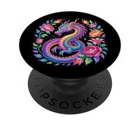 Acuarela Dragón Flores Hermoso Arte Gráfico PopSockets PopGrip Adhesivo
