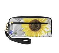 Acuarela Girasoles Amarillos Flores Azules, Bolsa de Maquillaje Bolsa de cosméticos Bolsa de Aseo de Viaje portátil Estuche de Cuero para Mujeres y niñas