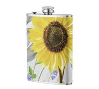 Acuarela Girasoles Amarillos Flores Azules,Frasco de acero inoxidable 304 de 8 oz con funda de cuero sintético, frasco de bolsillo para licor plano para exteriores