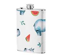 Acuarela Lindo Hipopótamo Sandía,Frasco de acero inoxidable 304 de 8 oz con funda de cuero sintético, frasco de bolsillo para licor plano para exteriores