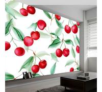 Acuarela Murales De Papel Pintado 200 x 140 cm, Fotomurales Pared Tejido No Tejido Caricatura Fruta Cerezo Hojas Decorativos Murales póster para Dormitorio Salón TV Pared