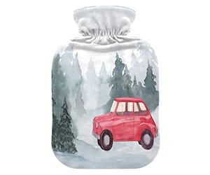 Acuarela Navidad con baúl rojo en el bosque de invierno, botella de agua caliente y cubierta, suave y cálida para cama de invierno, cuello y hombros, 1 L