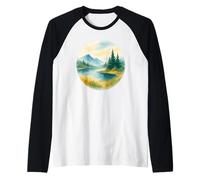 Acuarela Paisaje Montaña Pacífico Lago Y Árboles Camiseta Manga Raglan