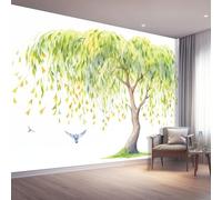Acuarela Plantas Sauce Pájaros Papel Pintado Salon 250 x 175 cm, Verde Fotomurales 3D Tejido No Tejido Papel Tapiz Fotográfico Decorativos Murales Dormitorio Oficina Hotel