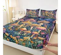 Acuarela Seta Fitted Hoja Tamaño M Tamaño Hippie Groovy Flores Floral Tela Suave Bolsa Profunda de Colchón para Niños Cubierta de Colchón, Planta Galaxy Cielo Amarillo Púrpura Funda de Cama con 1