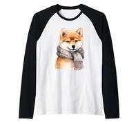 Acuarela Shiba Inu con Bufanda Camiseta Manga Raglan