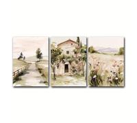 Acuarelas murales que representan paisajes rurales primaverales, senderos campestres, granjas y prados de flores silvestres para la decoración del hogar (60x80cm/marco interno)