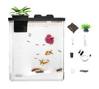 Acuario Acuario - Acuario transparente con luz ambiental y bomba de aire, tanque compacto moderno con flores artificiales para peces Betta, camarones