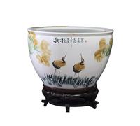 Acuario de Peces Pecera de cerámica Blanca con Pintura Tradicional China, pecera Feng Shui for Sala Estar, for Tortugas Base Madera(53x53x33cm)