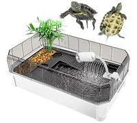 Acuario de tortugas extra grande con solárium, diseño multifuncional para tomar el sol, alimentar, criar e hibernación, incluye filtro de algodón y plantas de plataforma para un fácil mantenimiento