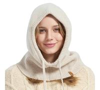 ACUSHLA Pasamontañas de lana merino 100% para mujeres y hombres, conjunto de bufanda de punto cálido de invierno con capucha, gorro y bufanda en uno, Beige, Talla única