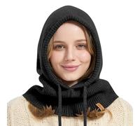 ACUSHLA Pasamontañas de lana merino 100% para mujeres y hombres, conjunto de bufanda de punto cálido de invierno con capucha, gorro y bufanda en uno, Negro, Talla única