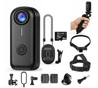 Acuvar Mini cámara corporal 1080P con 64GB, kit de cámara POV portátil con soporte para collar de perro, correa para la cabeza y trípode de mano, cámara corporal manos libres para pasear mascotas