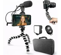 Acuvar Trípode flexible Vlogging Kit para iPhone, Android y GOPRO con luz LED, soporte para teléfono, micrófono, mando a distancia Bluetooth, funda rígida para transmisión en vivo, videollamadas