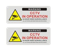 Acuxiaza 2 letreros de seguridad CCTV en funcionamiento de aluminio cepillado de 25 x 10 cm, señal de advertencia de cámara de seguridad, señal de videovigilancia de 24 horas con agujeros