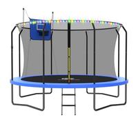 ACWARM HOME Trampolín para exteriores de 14 pies con aro de baloncesto y luces LED, trampolines recreativos para niños y adultos con red y escalera, aprobado por ASTM, azul