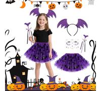ACWOO Disfraz Bruja Halloween Tutu Niña, 4PCS Conjunto de Halloween Fiesta con Diademas, Pegatinas, Cetro y Tutús Patrón de Murciélago Impreso, Disfraz Bruja para Cosplay de Halloween Fiesta (Púrpura)