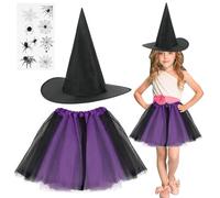ACWOO Disfraz Bruja Niño, 3 PCS Disfraz Bruja Niña Tutu, Tutú Púrpura con Sombrero de Bruja Negro, Tatuaje de Araña de Halloween Pegatina, Disfraz Cosplay para Halloween Carnaval Fiesta Cumpleaños