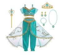 ACWOO Disfraz de Princesa Jazmín para Niña Con Cetro y Corona - 8 PCS Colocar Vestido Jasmine para Halloween, Cosplay, Cumpleaños, Carnaval y Fiestas