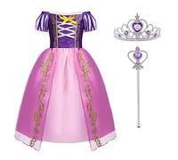 ACWOO Disfraz Rapunzel Niña de Dibujos Animados Con Corona y Varita, Vestido Princesa de Soplo Fiesta, Para Halloween Cosplay Carnaval Cumpleaño, Morado, 120cm