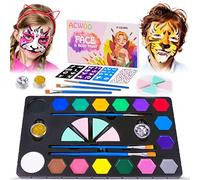 ACWOO Pinturas Cara, 27pcs Kit Maquillaje Pintura Facial con 16 Colores, 2 Purpurinas Polvo, Gemas Faciales, 3 Plantillas, 4 Esponja Maquillaje y 3 Pinceles, Pintura Corporal de Halloween Fiesta