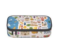 ADAhgu Estuche grande de almacenamiento con diseño de mapa de Francia con iconos decorativos, estuche para bolígrafos, suministros escolares, viajes, estudiantes, profesionales