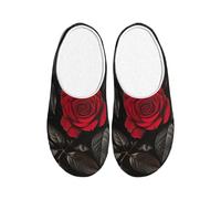 ADAhgu Pantuflas de invierno transpirables y acogedoras con estampado de rosas rojas y hojas negras para adultos, lavables para hombres y mujeres, transpirables y acogedoras
