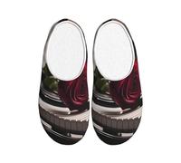 ADAhgu Pantuflas de TPR con estampado de rosa roja sobre piano, lavables para hombres y mujeres, transpirables y acogedoras zapatos de invierno