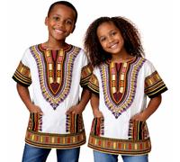 Adalex Global Dashiki - Camisa africana para niños, diseño tradicional, ropa auténtica para niños, patrones étnicos y estampado africano, Blanco, naranja, amarillo, 3-6 Years