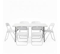 ADANITY Pack Mesa Plegable 180 cm + 6 Sillas Blancas Plegables - Conjunto Mobiliario Multiusos - Estructura Hierro Reforzado - Ideal Formación, Catering y Oficinas - Pack para Eventos Profesional