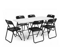 ADANITY Pack Mesa Plegable 180 cm + 6 Sillas Negras Plegables - Conjunto Mobiliario Multiusos - Estructura Hierro Reforzado - Ideal Formación, Catering y Oficinas - Pack para Eventos Profesional