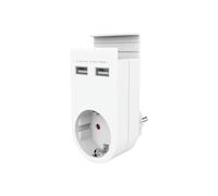 Adaptador 230V con 2 puertos USB y soporte para móvil, ideal para cargar dispositivos y sostener teléfonos.