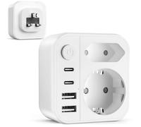Adaptador 6 en 1 de Inglaterra y Alemania, Adaptador portátil del Reino Unido con 2 USB, 2 Tipo C, Adaptador de Viaje de 2 enchufes, Adaptador de Enchufe Schuko a Tipo G para Inglaterra, Malasia
