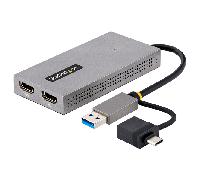StarTech.com Adaptador de USB a HDMI Doble, USB A/C a 2 Pantallas HDMI (1x 4K30Hz, 1x 1080p), Dongle Integrado USB-A a C, Cable de 11cm, Adaptador USB 3.0 a HDMI, Windows y macOS