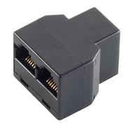 Adaptador de acoplamiento 1x RJ45 a acoplamiento 2x RJ45, contactos chapados en oro, conector de plástico moldeado y blindado, color negro.