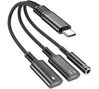 Adaptador de audio USB C 3 en 1 con conector AUX de carga rápida PD de 60 W para iPhone para Samsung Pixel, sonido y datos de alta fidelidad, carcasa de aleación de aluminio, negro